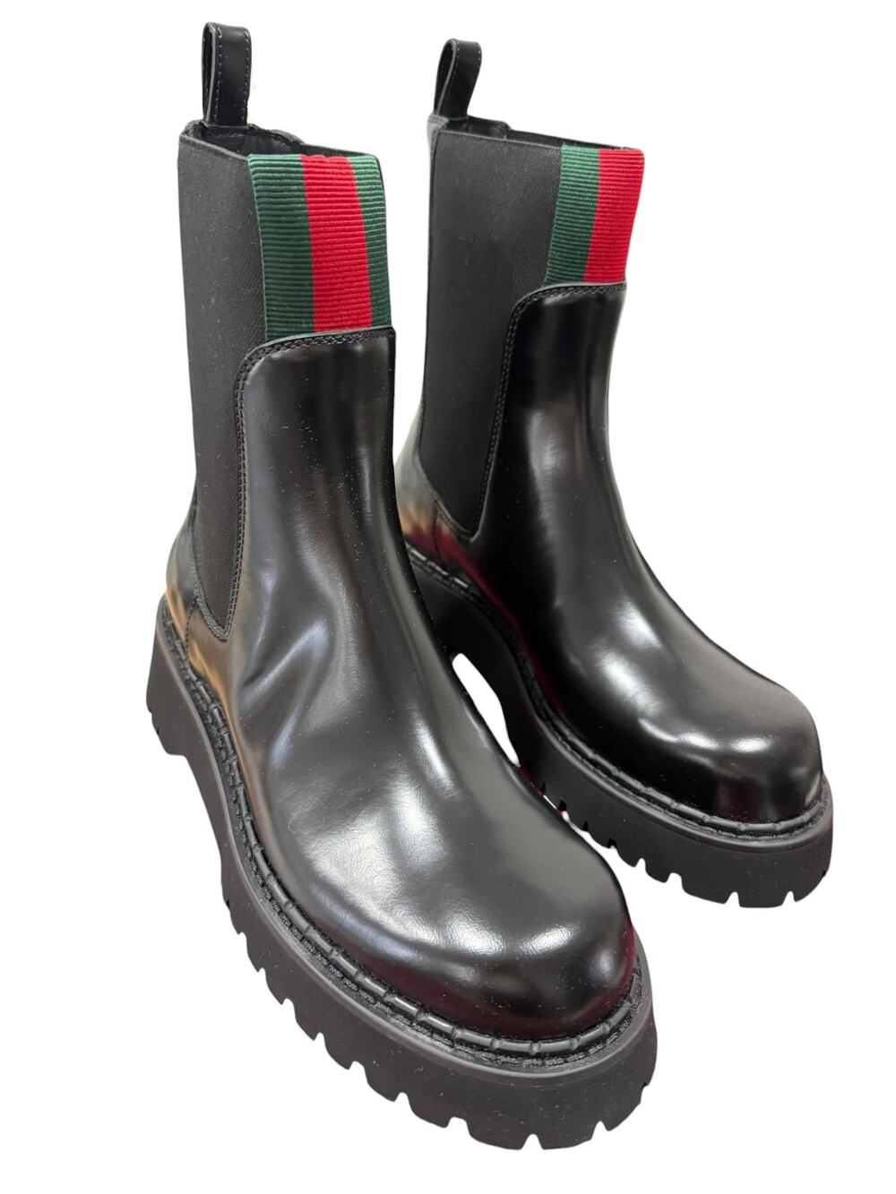Gucci Thea Slip On Chelsea Ankle Boot Black Leather Web Womens 40